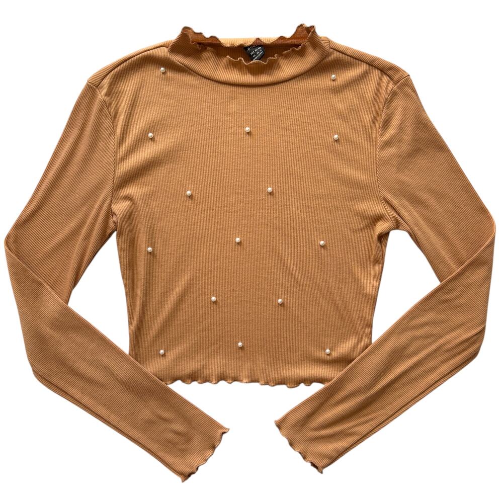 SHEIN pearl ribbed mock neck crop top camel XS